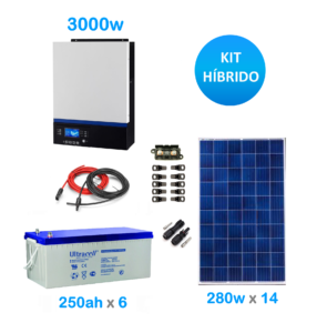 Kit solar hibrido 3000w ampliado de alto consumo integrado por 6 baterías de 250 ah y 14 paneles de 280 w, así como por un inversor de 3000 w, que además actúa como cargador y como regulador de carga.